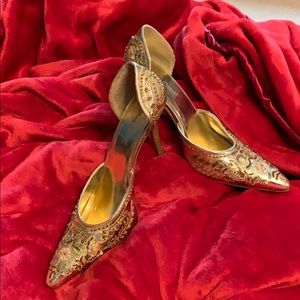 Gold sequin and beaded high heels